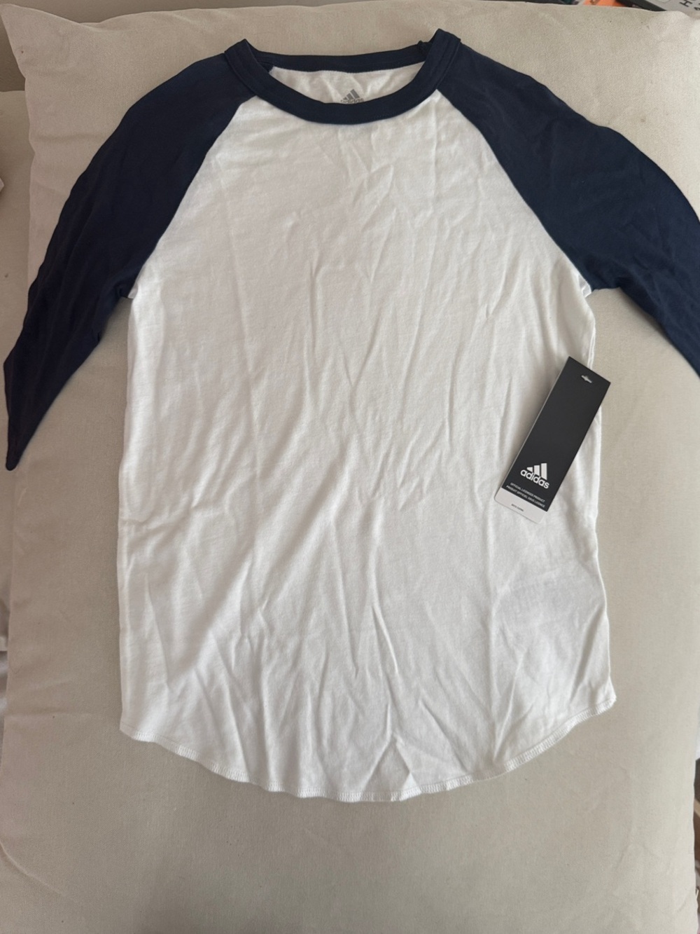 adidas White Baseball Raglan Tee with Navy Sleeves